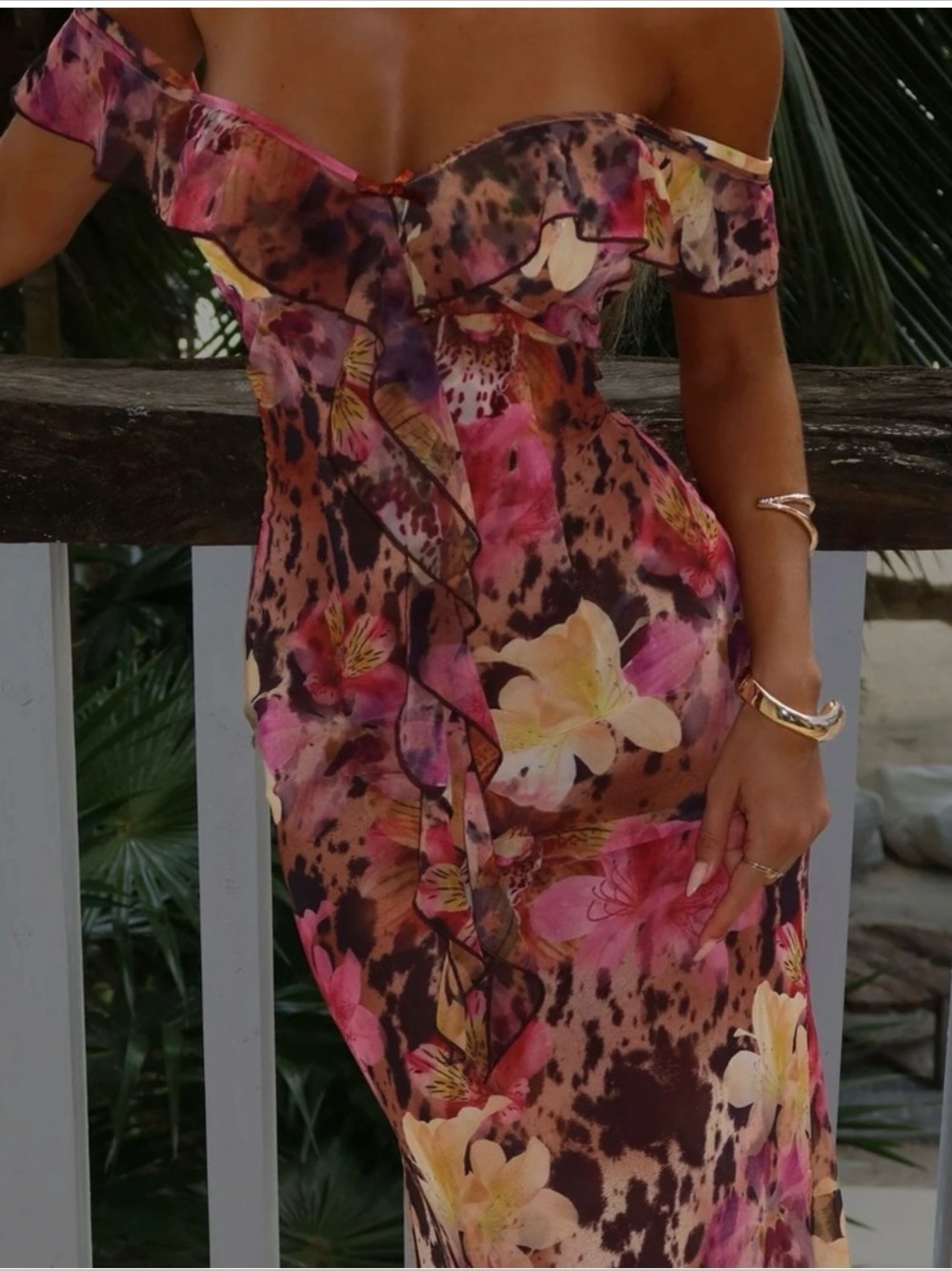 Off-Shoulder Pink Floral Backless Maxi Dress - Picture 3 of 6
